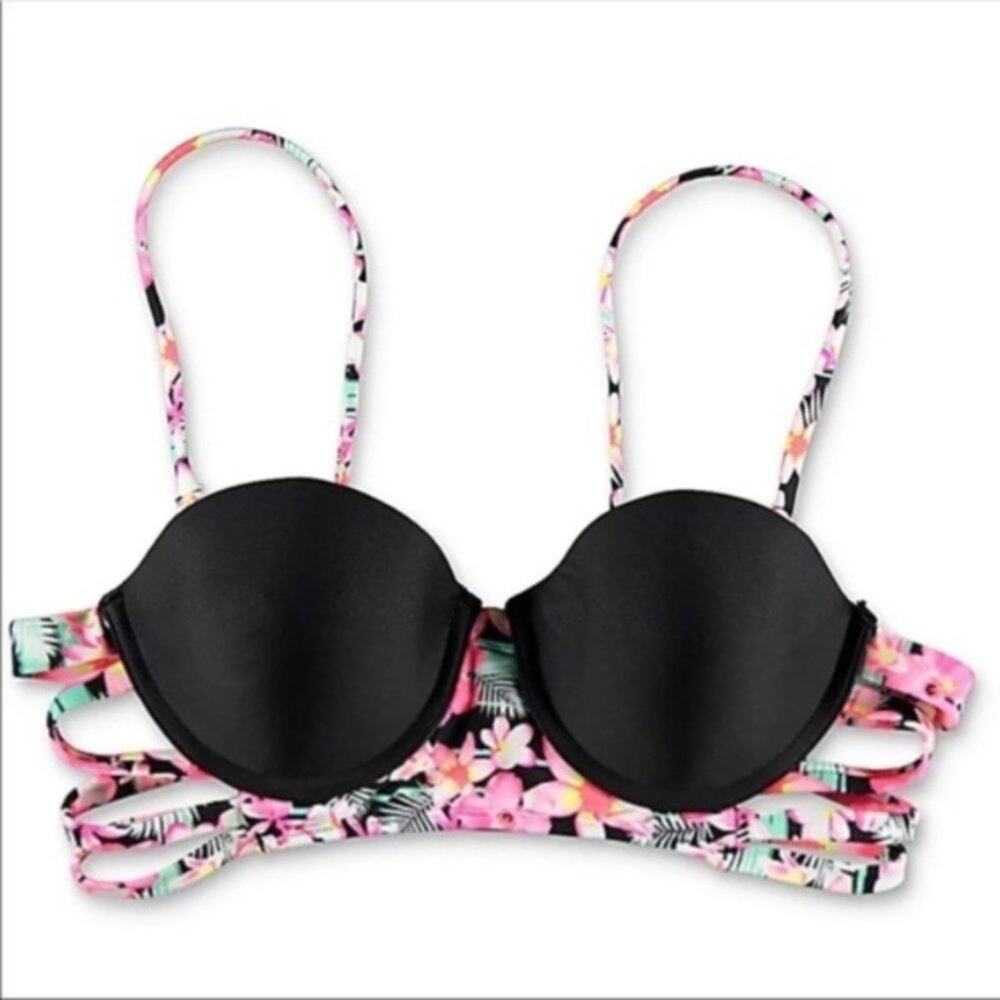 nwt Trillium Zumiez Floral Strappy Black & Pink Swim Bikini Tie Top